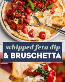 This no-cook bruschetta dip is perfect for summer gatherings or potlucks! It features juicy tomatoes, basil, garlic, balsamic vinegar, all on top of a rich, creamy whipped feta base. Made in minutes, it's great with crusty bread, crackers, and more.