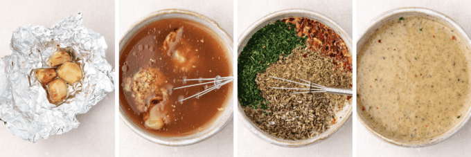 step by step photo collage of how to make roasted garlic italian dressing