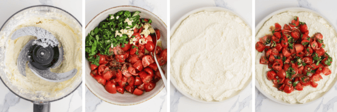 step by step photo collage of how to make whipped feta bruschetta dip