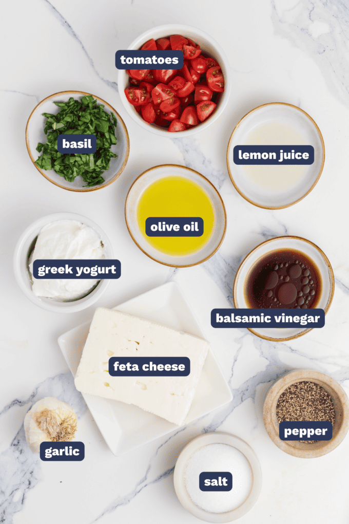ingredients needed to make whipped feta bruschetta dip