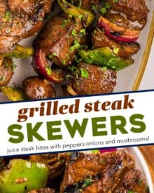 Tender steak bites and fresh mushrooms are marinated in an ultra-flavorful yet easy to make marinade, skewered with onions and peppers, then grilled to juicy steakhouse-style perfection!