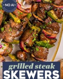 Tender steak bites and fresh mushrooms are marinated in an ultra-flavorful yet easy to make marinade, skewered with onions and peppers, then grilled to juicy steakhouse-style perfection!