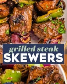 Tender steak bites and fresh mushrooms are marinated in an ultra-flavorful yet easy to make marinade, skewered with onions and peppers, then grilled to juicy steakhouse-style perfection!
