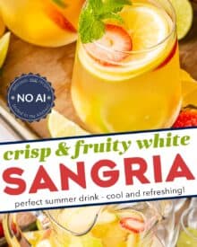 A crisp white sangria is the perfect chilled drink on a sweltering summer day! Easy to make and customize, this sangria recipe is so light and fruity, and sure to be a crowd-pleaser!