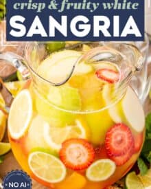 A crisp white sangria is the perfect chilled drink on a sweltering summer day! Easy to make and customize, this sangria recipe is so light and fruity, and sure to be a crowd-pleaser!