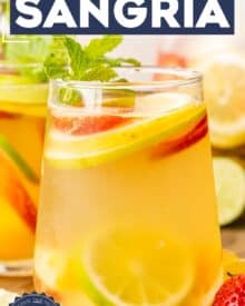 A crisp white sangria is the perfect chilled drink on a sweltering summer day! Easy to make and customize, this sangria recipe is so light and fruity, and sure to be a crowd-pleaser!