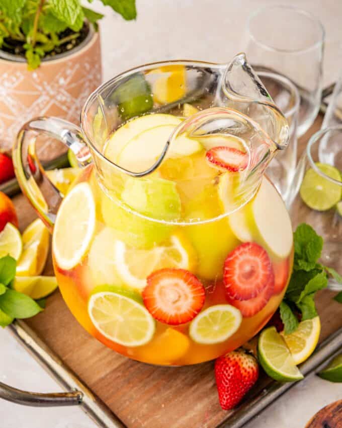 white sangria in a glass pitcher