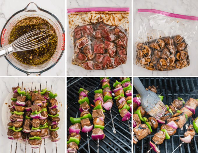 step by step photo collage of how to make grilled steak skewers
