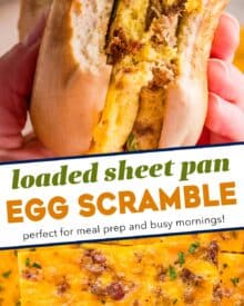 This egg scramble is perfect for a busy morning, meal prep, or holiday breakfast for a crowd! All the flavors of a meat-lovers scrambled eggs, but made on one sheet pan, so it's easy to slice and make sandwiches and more!