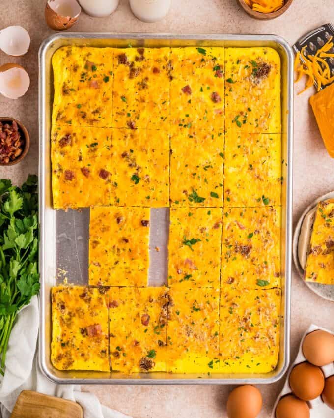 sheet pan egg scramble sliced into rectangles