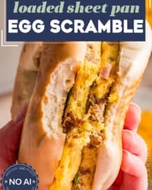 This egg scramble is perfect for a busy morning, meal prep, or holiday breakfast for a crowd! All the flavors of a meat-lovers scrambled eggs, but made on one sheet pan, so it's easy to slice and make sandwiches and more!