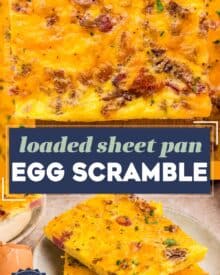 This egg scramble is perfect for a busy morning, meal prep, or holiday breakfast for a crowd! All the flavors of a meat-lovers scrambled eggs, but made on one sheet pan, so it's easy to slice and make sandwiches and more!