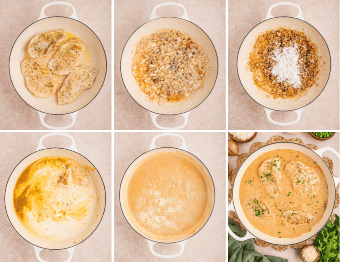 step by step photo collage of how to make creamy dijon chicken