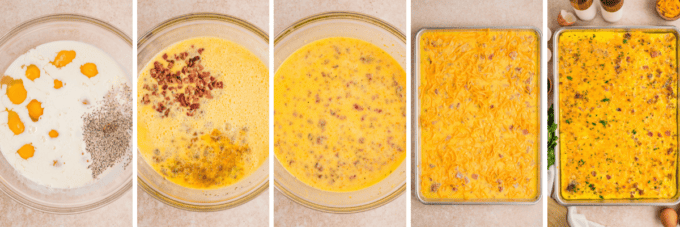 step by step photo collage of how to make a sheet pan egg scramble
