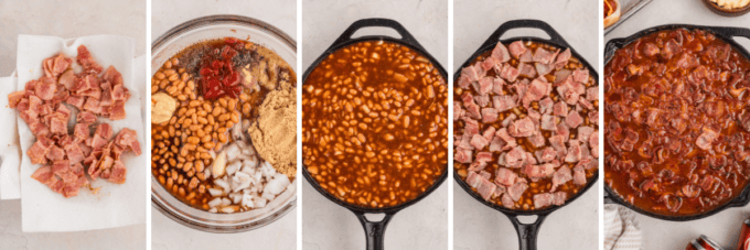 step by step photo collage of how to make bacon dr pepper baked beans