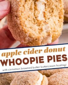 Soft and fluffy apple cider donut cookies are sandwiched together with a browned butter cinnamon buttercream that is bold and luxurious! They’re the perfect Fall baking treat!
