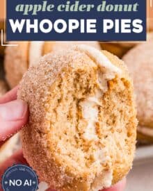 Soft and fluffy apple cider donut cookies are sandwiched together with a browned butter cinnamon buttercream that is bold and luxurious! They’re the perfect Fall baking treat!