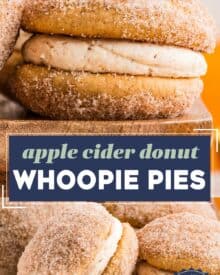 Soft and fluffy apple cider donut cookies are sandwiched together with a browned butter cinnamon buttercream that is bold and luxurious! They’re the perfect Fall baking treat!