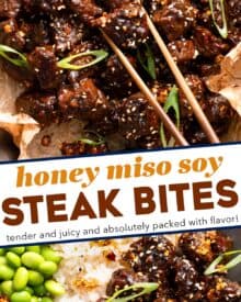 Juicy, tender morsels of seasoned steak, seared in a hot skillet, then finished in a decadent and balanced honey miso soy glaze! Perfect for a quick and easy dinner, meal prep, or fun appetizer.