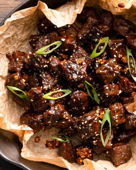 Juicy, tender morsels of seasoned steak, seared in a hot skillet, then finished in a decadent and balanced honey miso soy glaze! Perfect for a quick and easy dinner, meal prep, or fun appetizer.