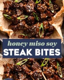 Juicy, tender morsels of seasoned steak, seared in a hot skillet, then finished in a decadent and balanced honey miso soy glaze! Perfect for a quick and easy dinner, meal prep, or fun appetizer.