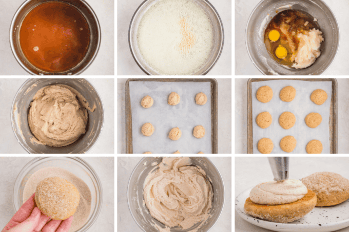 step by step photo collage of how to make apple cider donut whoopie pies