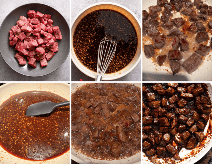 step by step photo collage of how to make honey miso soy steak bites