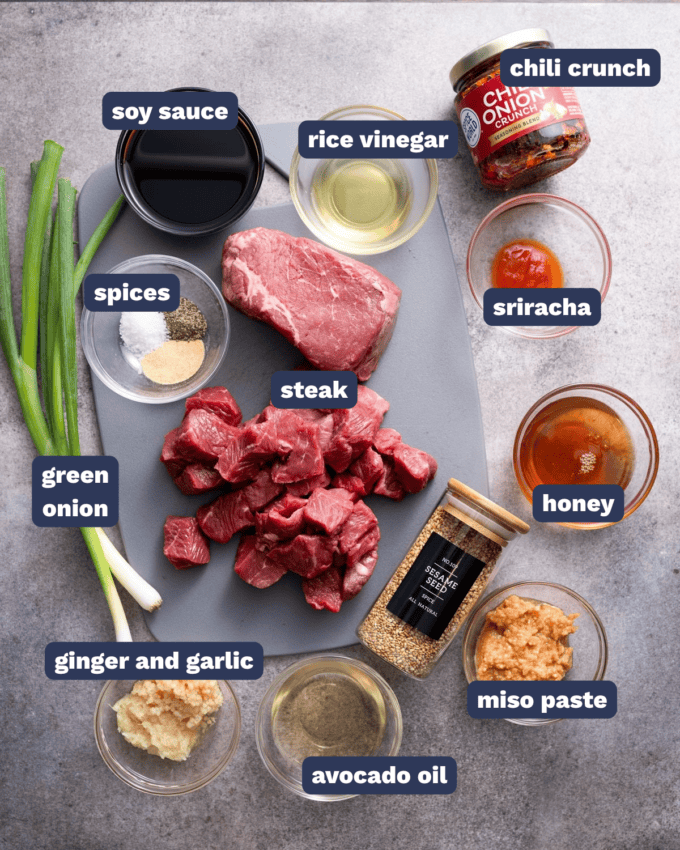 ingredients needed to make honey miso soy steak bites